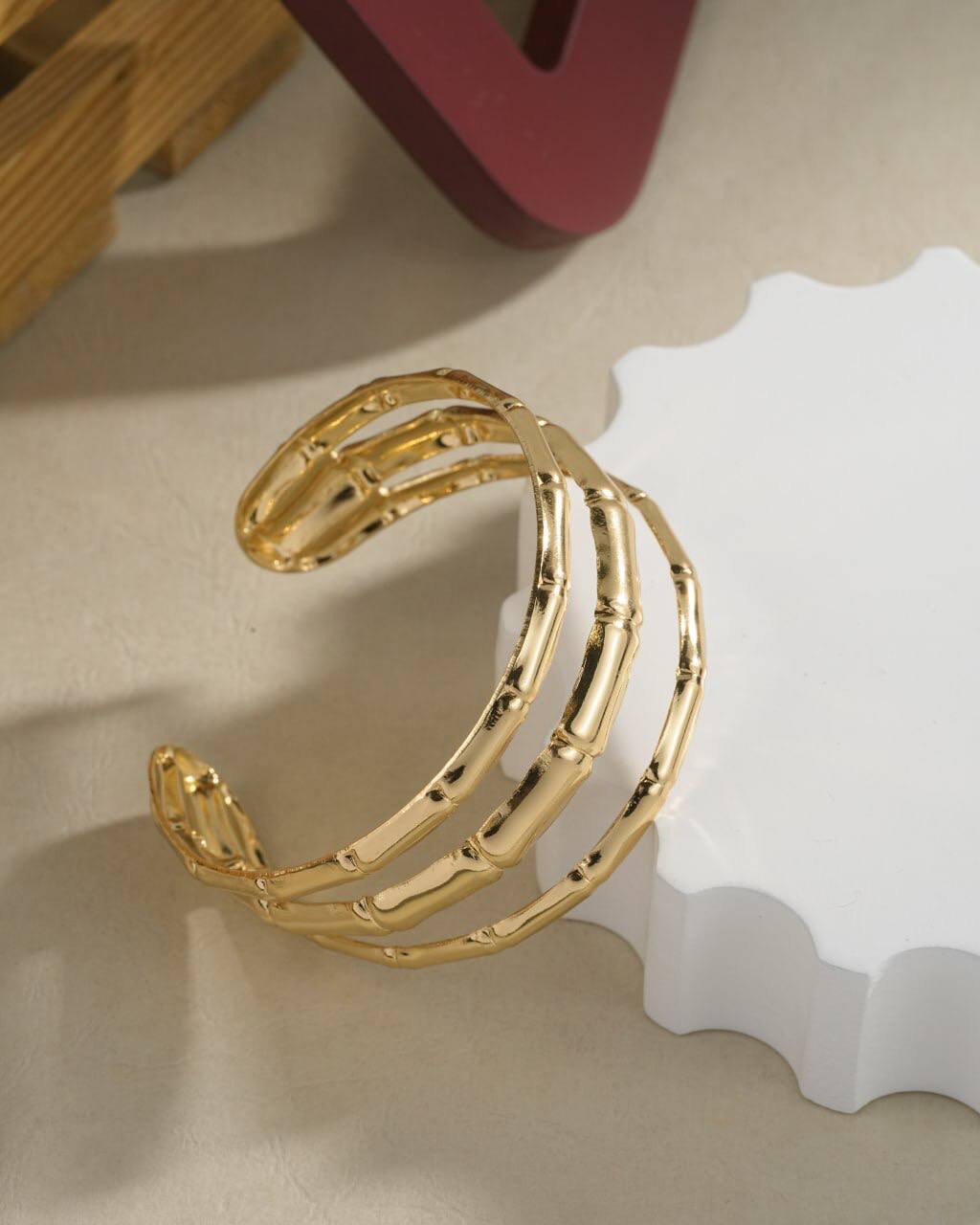 Korean Triple Bamboo Cuff Bracelet – Gold Plated Organic Textured Bangle