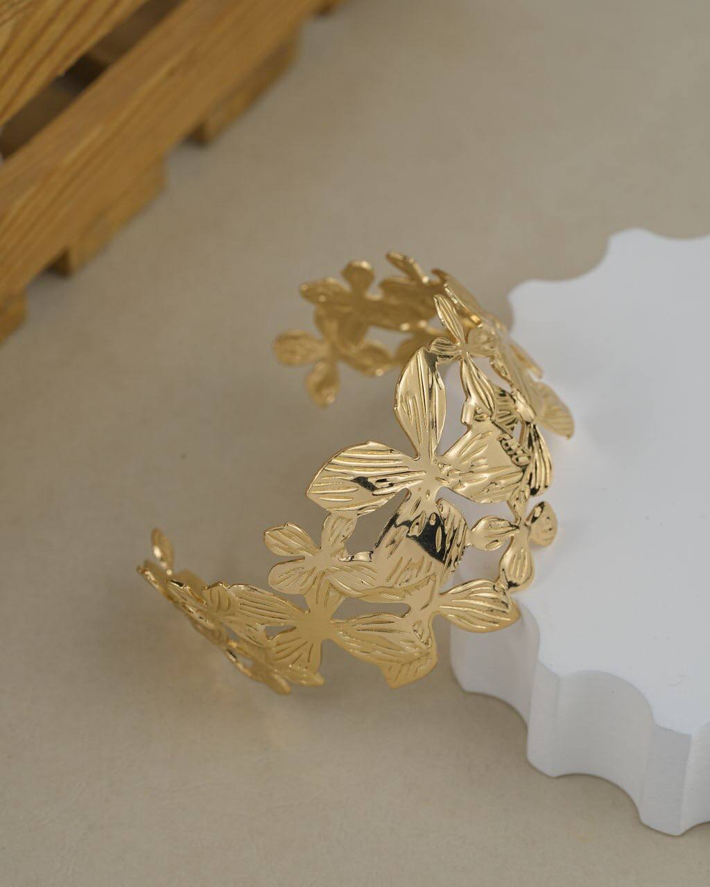 Floral Etched Cuff Bracelet – Gold Finish