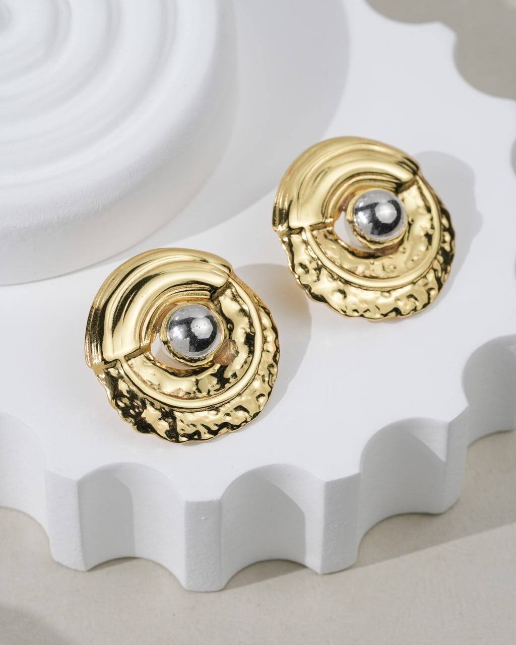 K-Style Gold Circle Earrings with Silver Bead