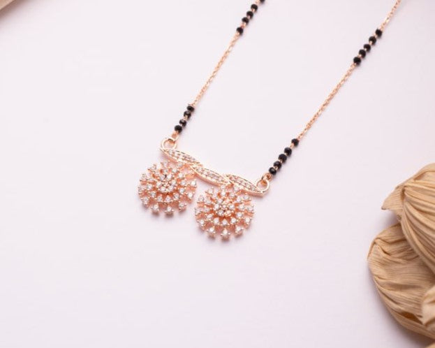 Rose Gold Finish CZ Floral Twin Disc Mangalsutra | Elegant Black Bead Daily Wear Necklace