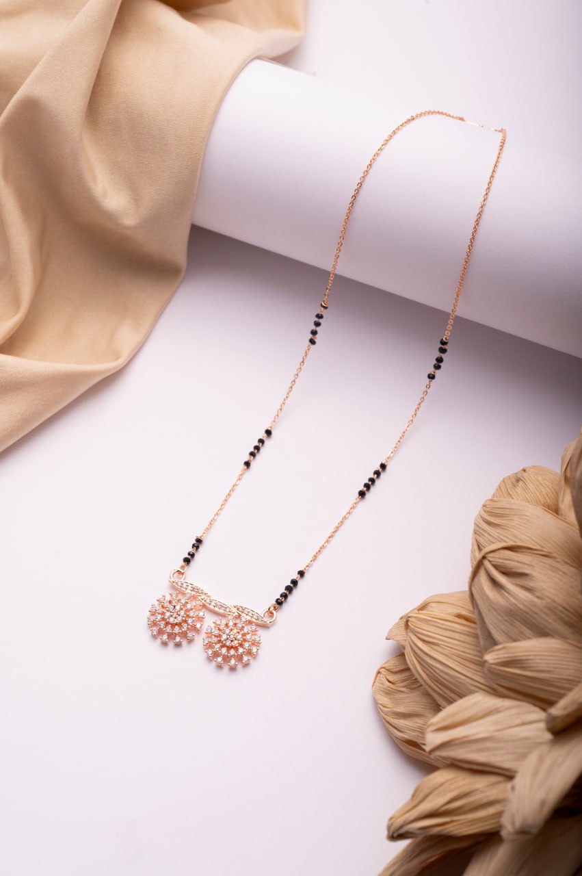 Rose Gold Finish CZ Floral Twin Disc Mangalsutra | Elegant Black Bead Daily Wear Necklace