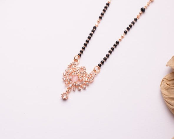 Rose Gold Finish CZ Floral Drop Mangalsutra | Elegant Black Bead Daily Wear Necklace