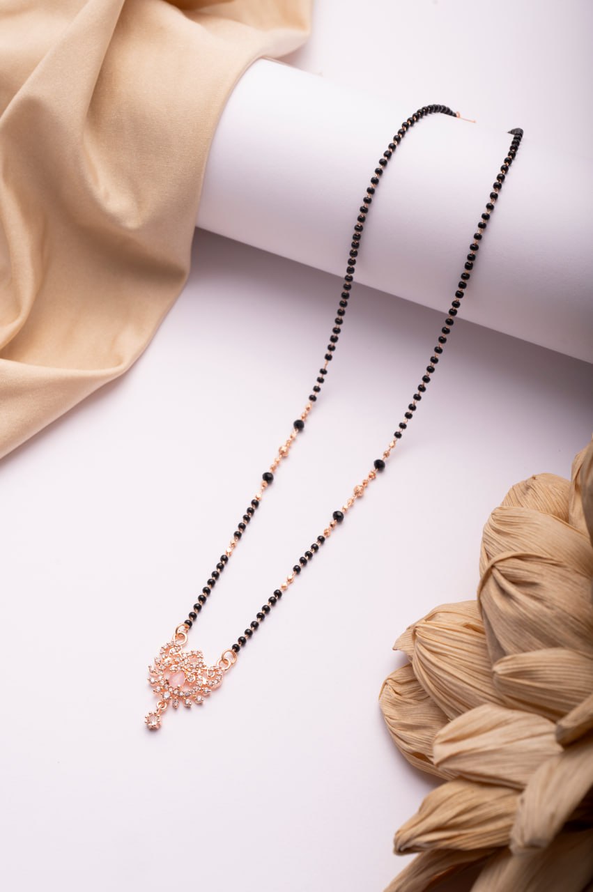 Rose Gold Finish CZ Floral Drop Mangalsutra | Elegant Black Bead Daily Wear Necklace
