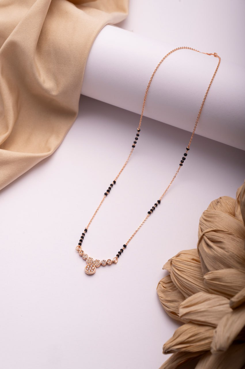 Rose Gold Finish CZ Circle Charm Mangalsutra | Minimal Black Bead Daily Wear Necklace