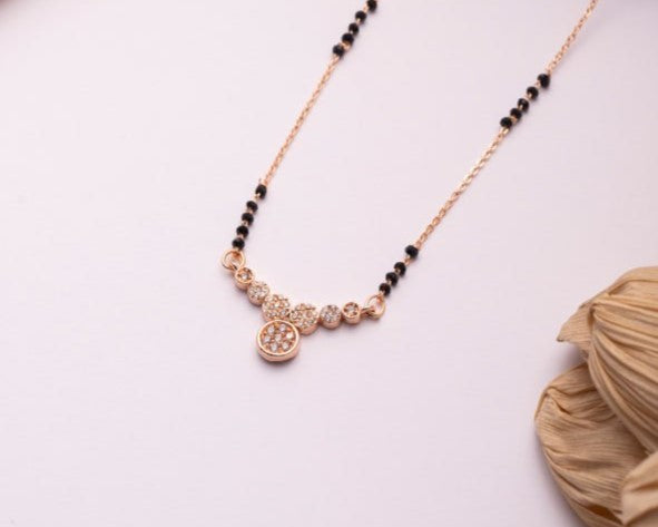 Rose Gold Finish CZ Circle Charm Mangalsutra | Minimal Black Bead Daily Wear Necklace