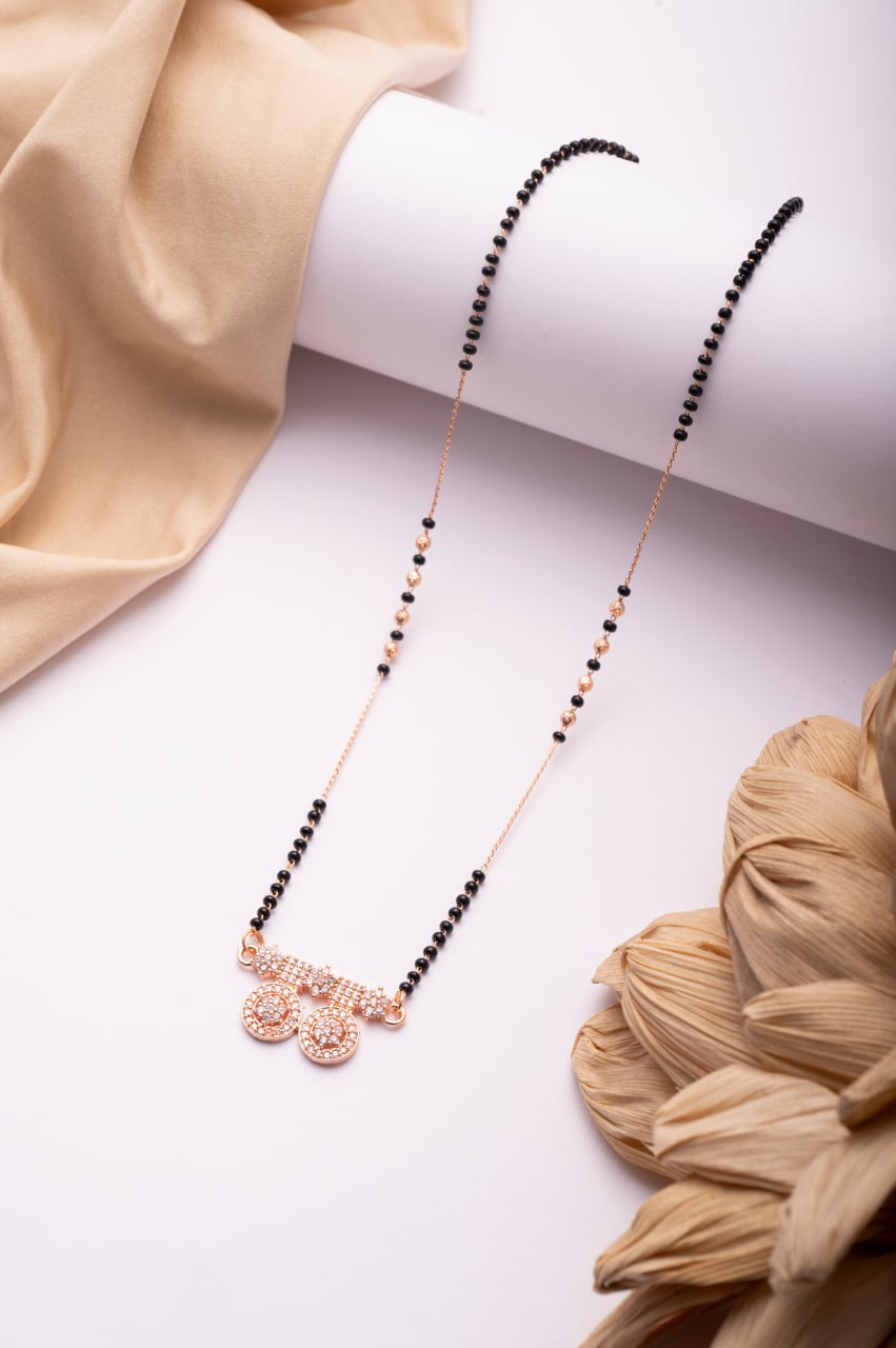 Rose Gold Finish CZ Twin Coin Mangalsutra | Elegant Black Bead Daily Wear Necklace