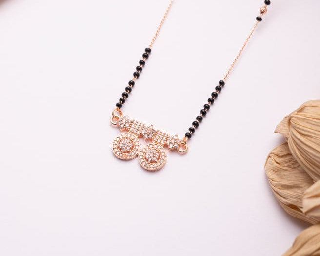 Rose Gold Finish CZ Twin Coin Mangalsutra | Elegant Black Bead Daily Wear Necklace