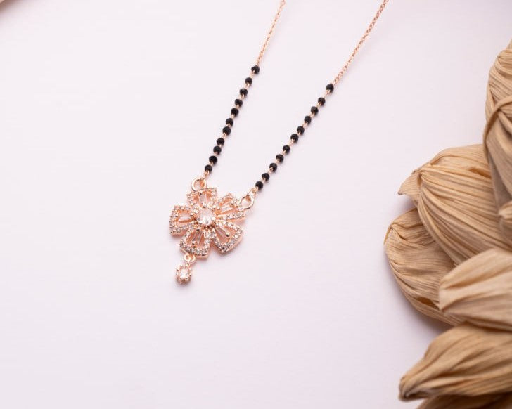 Rose Gold Finish CZ Floral Drop Mangalsutra | Minimal Black Bead Daily Wear Necklace