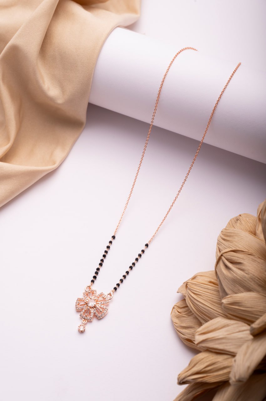 Rose Gold Finish CZ Floral Drop Mangalsutra | Minimal Black Bead Daily Wear Necklace