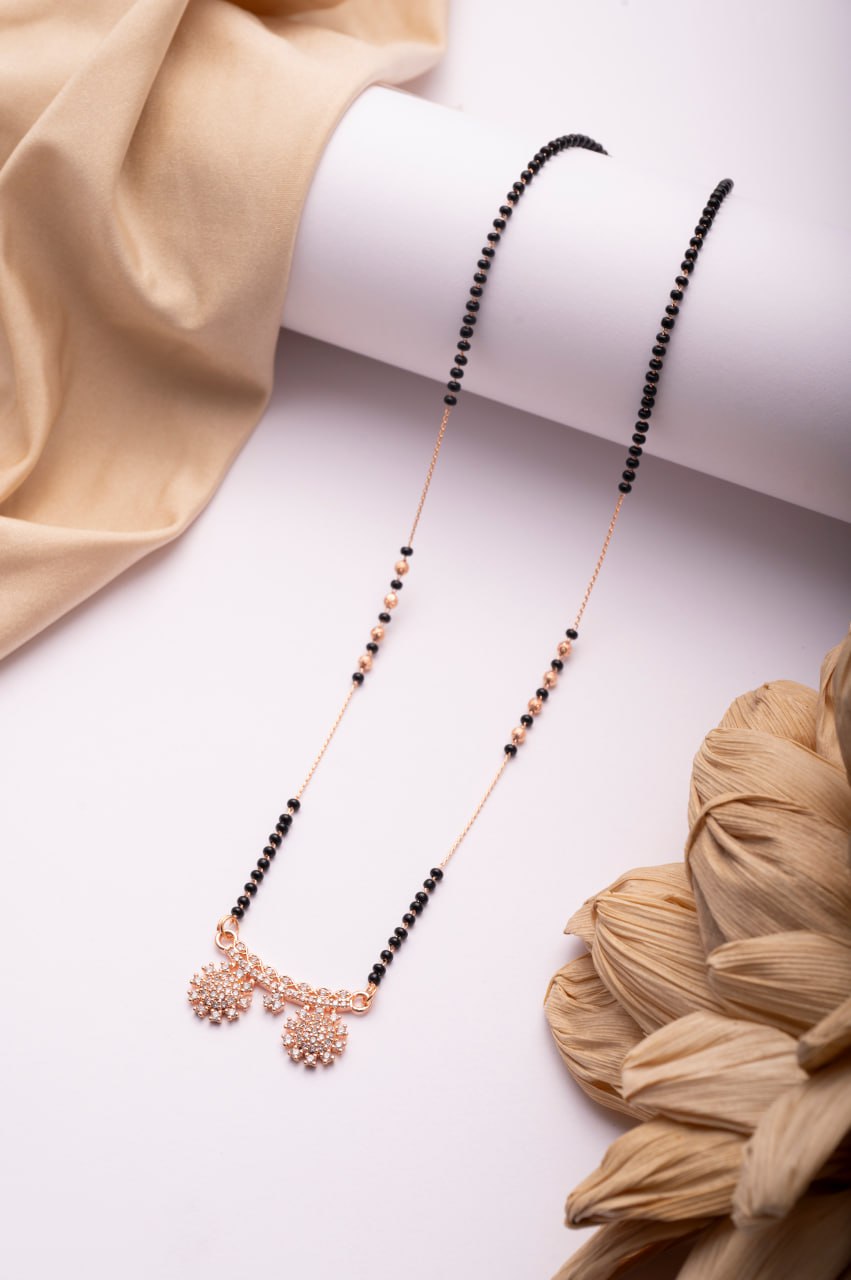 Rose Gold Finish CZ Twin Floral Mangalsutra | Elegant Black Bead Daily Wear Necklace