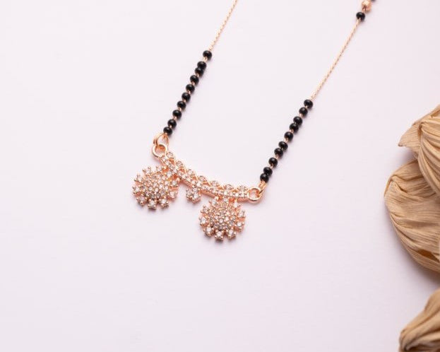 Rose Gold Finish CZ Twin Floral Mangalsutra | Elegant Black Bead Daily Wear Necklace