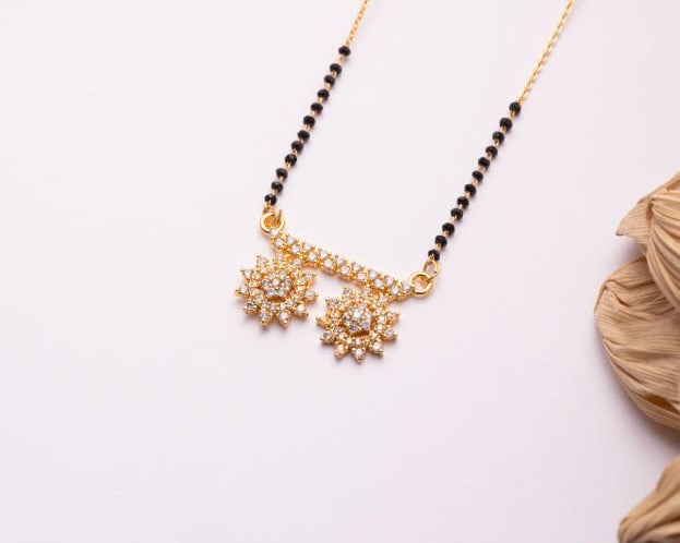 Gold Finish CZ Twin Floral Mangalsutra | Elegant Black Bead Daily Wear Necklace