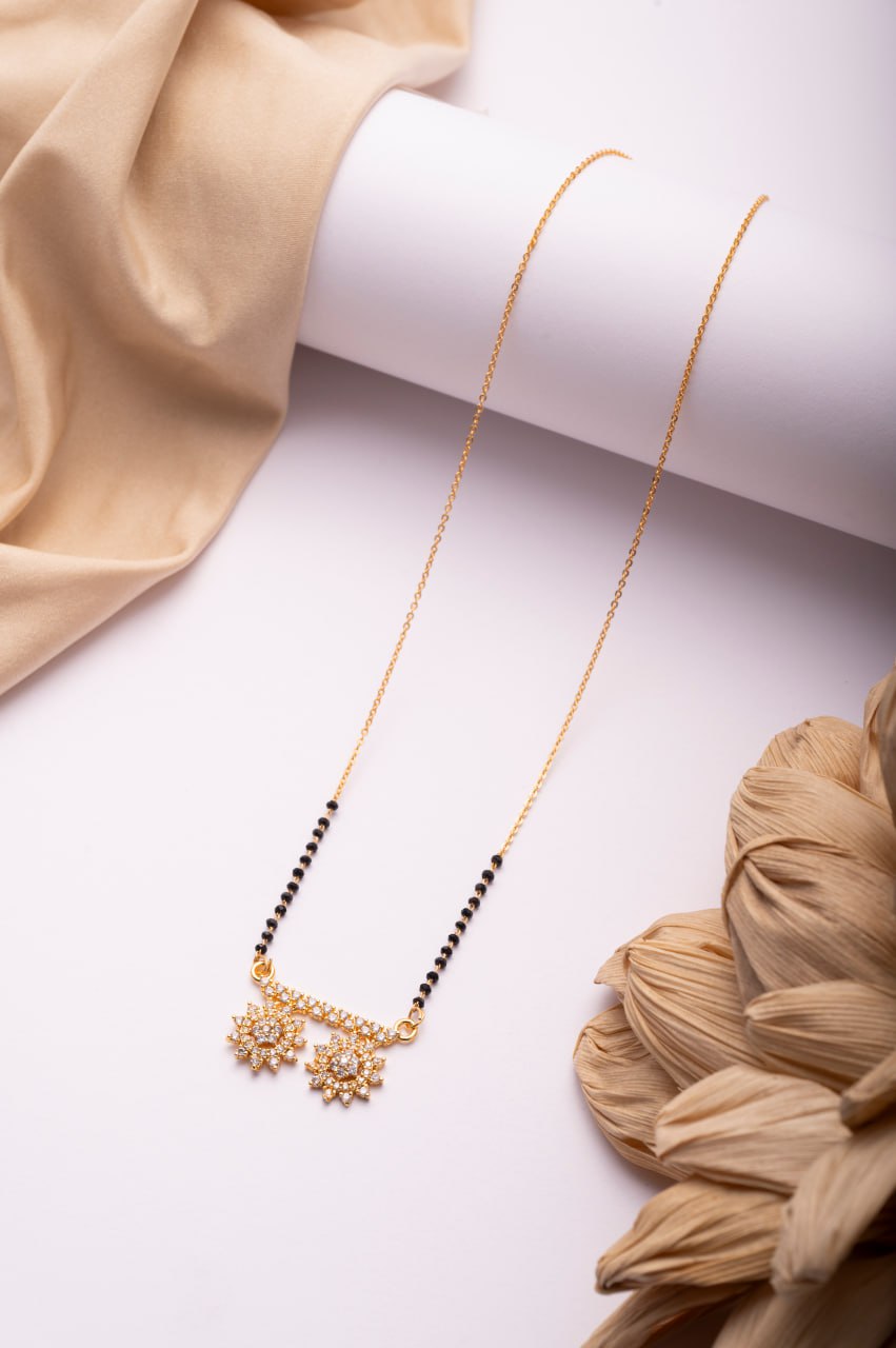 Gold Finish CZ Twin Floral Mangalsutra | Elegant Black Bead Daily Wear Necklace