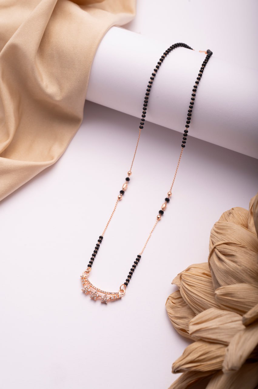 Rose Gold Finish CZ Crescent Mangalsutra | Elegant Black Bead Daily Wear Necklace