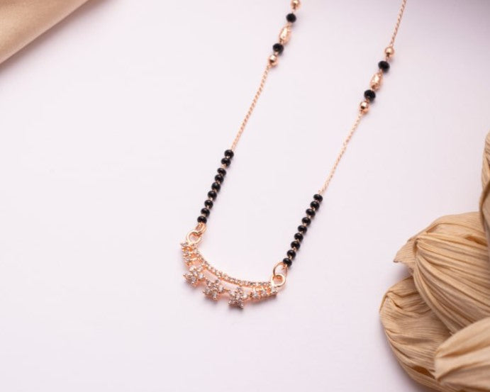 Rose Gold Finish CZ Crescent Mangalsutra | Elegant Black Bead Daily Wear Necklace