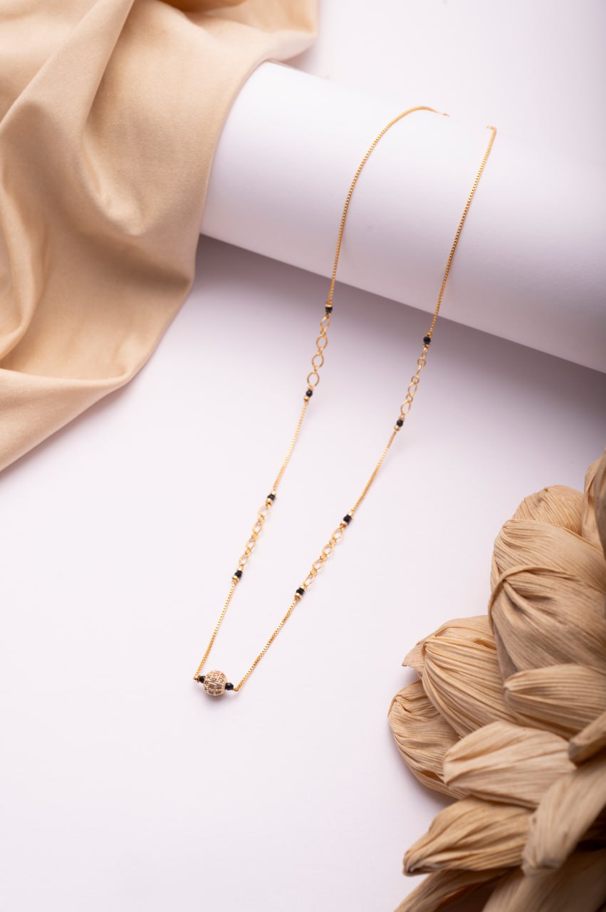 Gold Finish CZ Single Bead Mangalsutra | Minimal Black Bead Daily Wear Necklace
