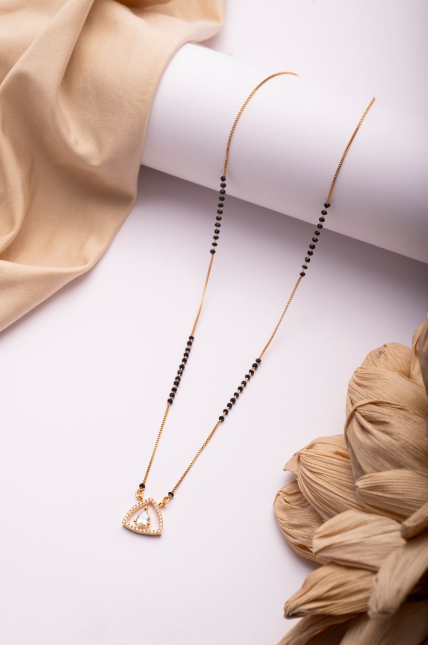 Gold Finish CZ Triangle Pendant Mangalsutra | Elegant Black Bead Daily Wear Necklace