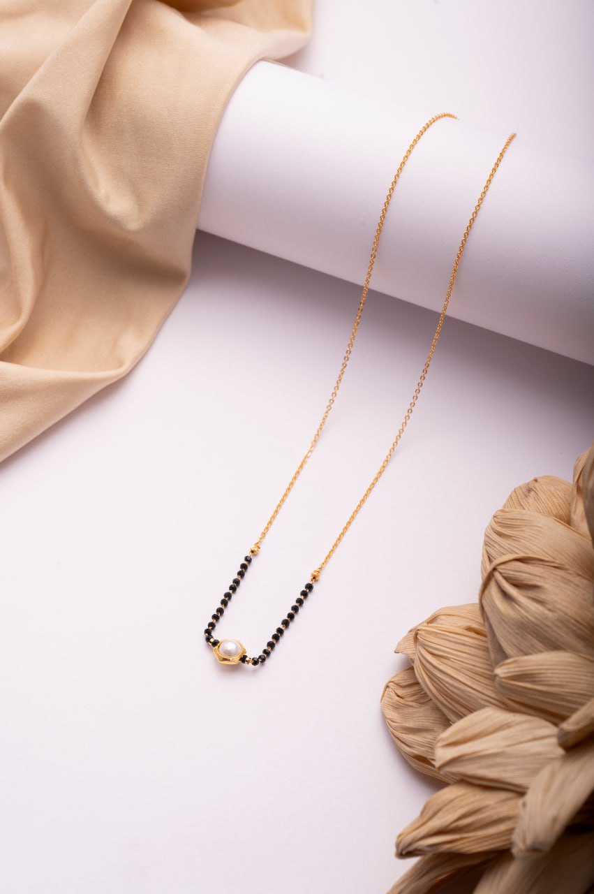 Gold Finish Pearl Accent Mangalsutra | Minimal Black Bead Daily Wear Necklace