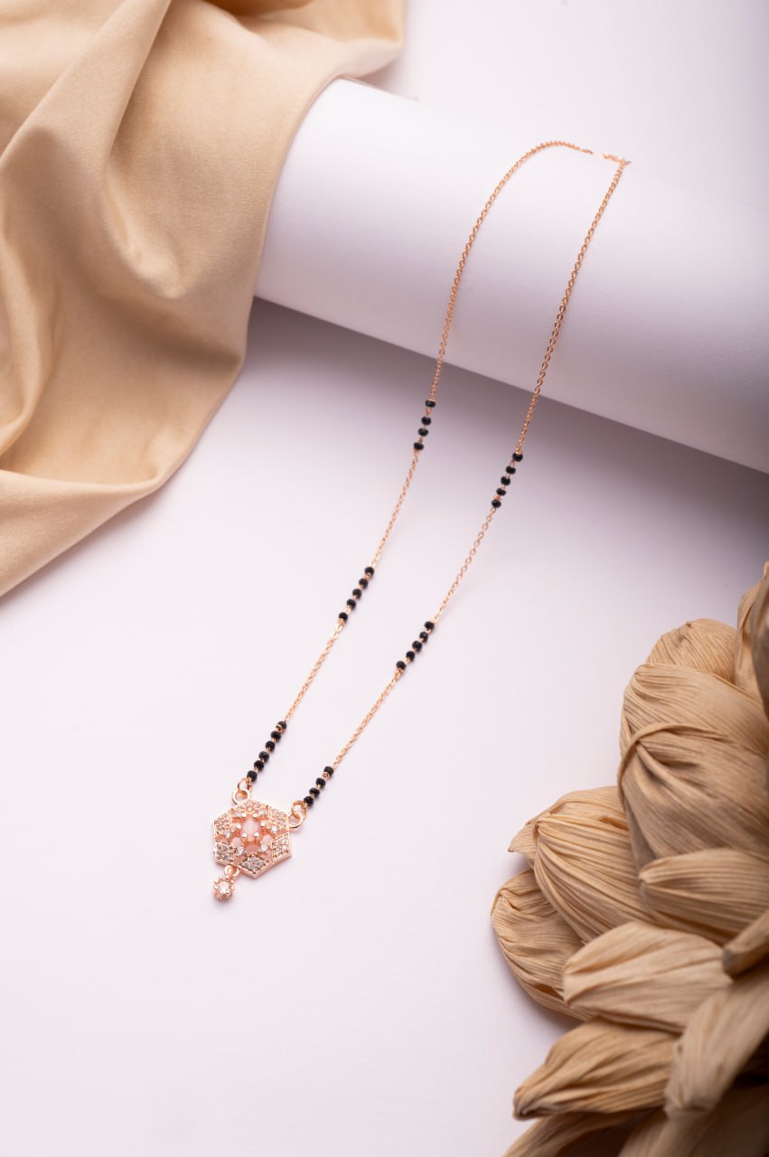 Rose Gold Finish CZ Hexagon Pendant Mangalsutra | Elegant Black Bead Daily Wear Necklace