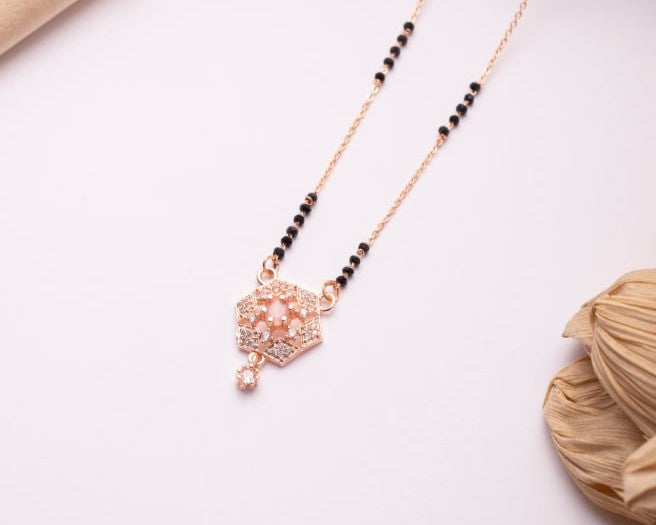 Rose Gold Finish CZ Hexagon Pendant Mangalsutra | Elegant Black Bead Daily Wear Necklace