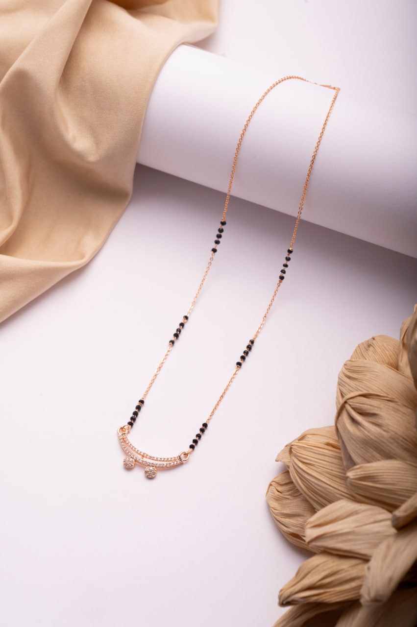 Rose Gold Finish CZ Curved Bar Mangalsutra | Elegant Black Bead Daily Wear Necklace