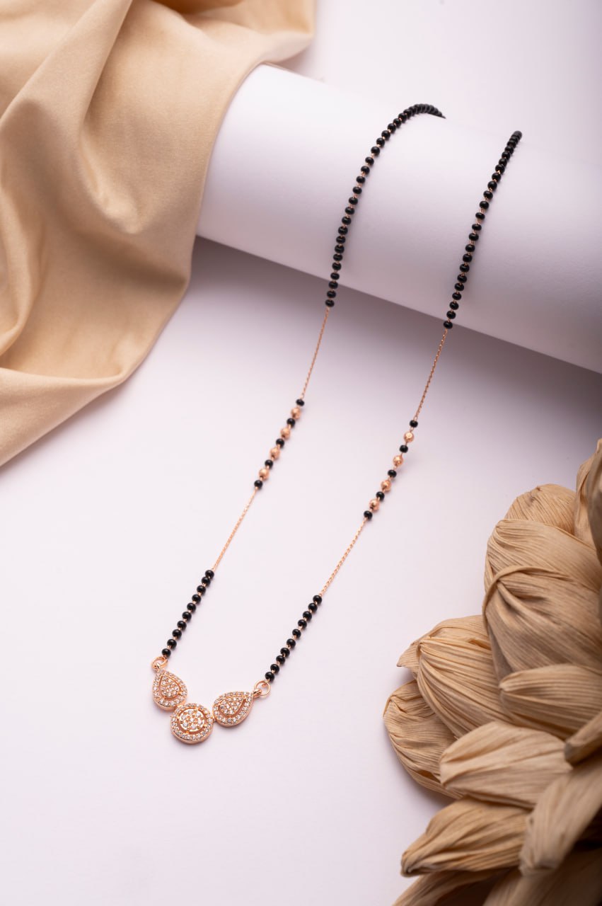 Rose Gold Finish CZ Triple Motif Mangalsutra | Elegant Black Bead Daily Wear Necklace