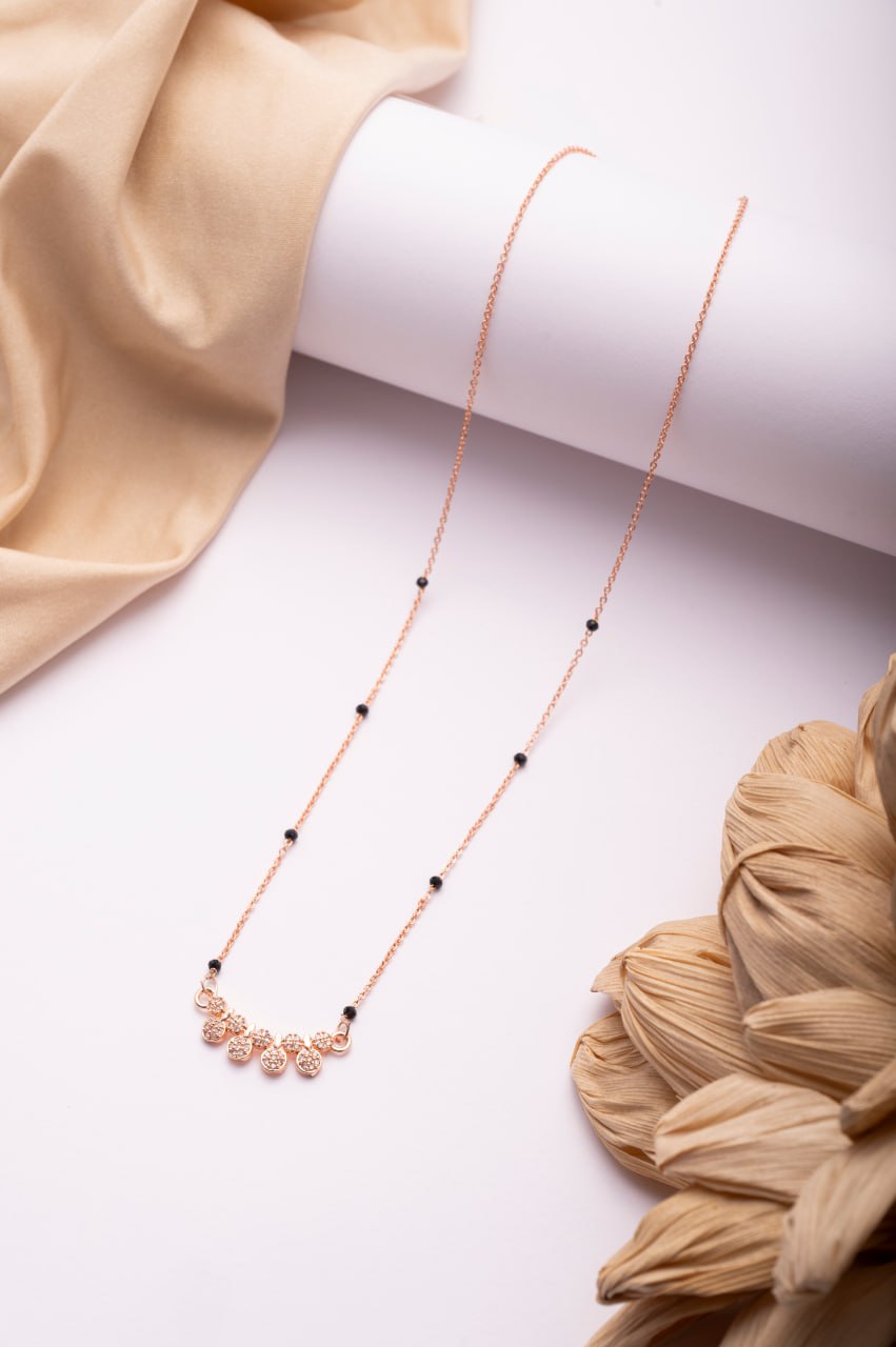 Rose Gold Finish CZ Multi Disc Mangalsutra | Minimal Black Bead Daily Wear Necklace
