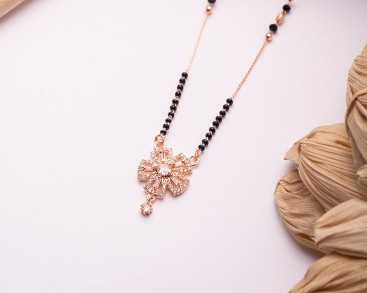 Rose Gold Finish CZ Floral Drop Mangalsutra | Elegant Black Bead Daily Wear Necklace