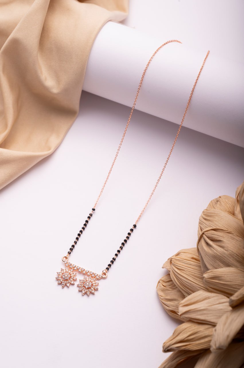 Rose Gold Finish CZ Floral Mangalsutra | Elegant Black Bead Daily Wear Necklace