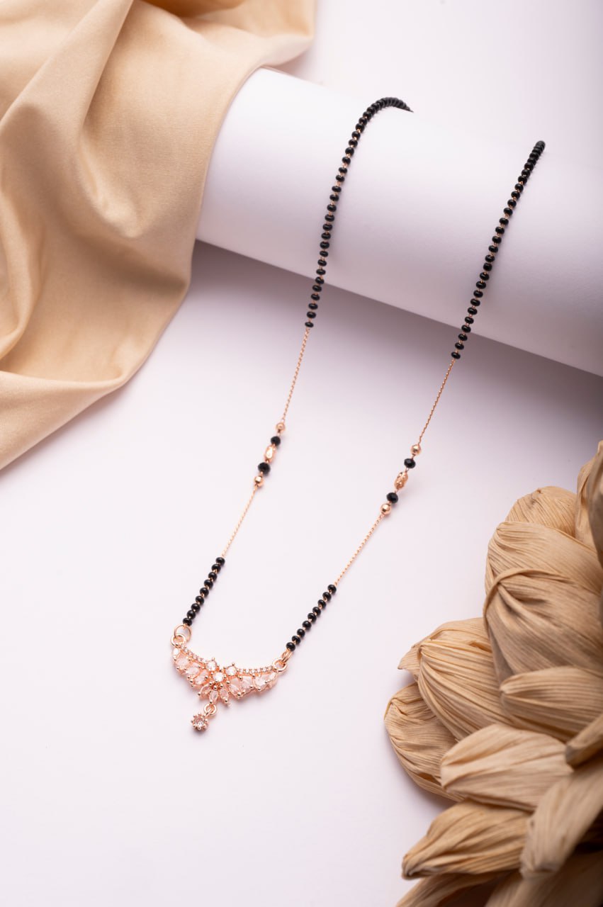 Rose Gold Finish CZ Leaf Motif Mangalsutra | Elegant Black Bead Daily Wear Necklace