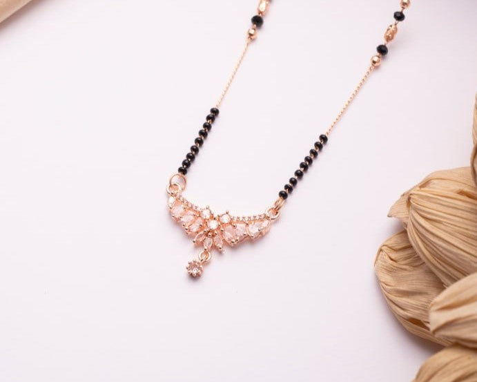Rose Gold Finish CZ Leaf Motif Mangalsutra | Elegant Black Bead Daily Wear Necklace
