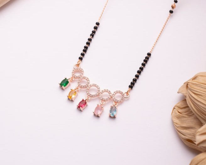 Rose Gold Finish Multicolor CZ Drop Mangalsutra | Elegant Black Bead Daily Wear Necklace