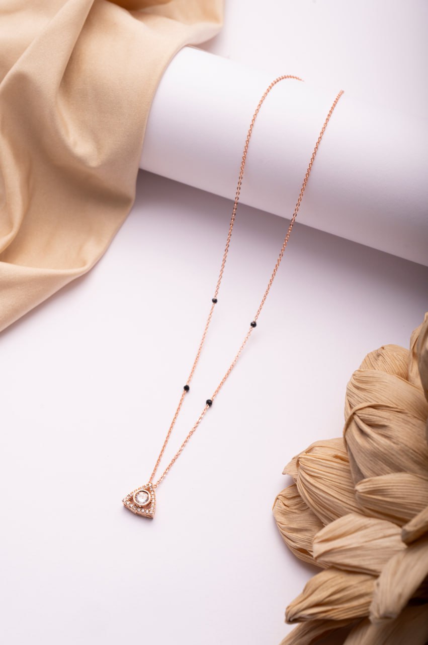 Rose Gold Finish CZ Triangle Charm Mangalsutra | Minimal Black Bead Daily Wear Necklace
