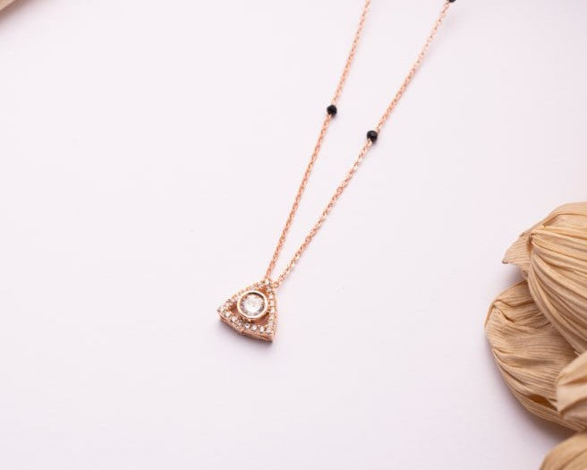 Rose Gold Finish CZ Triangle Charm Mangalsutra | Minimal Black Bead Daily Wear Necklace