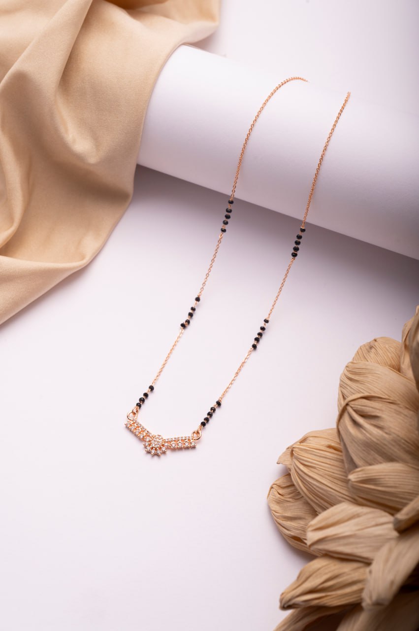 Rose Gold Finish CZ Chevron Mangalsutra | Minimal Black Bead Daily Wear Necklace