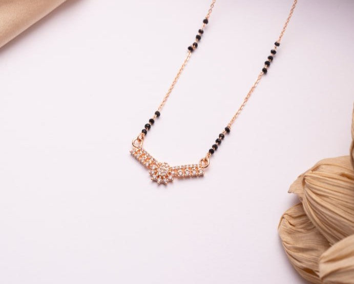 Rose Gold Finish CZ Chevron Mangalsutra | Minimal Black Bead Daily Wear Necklace