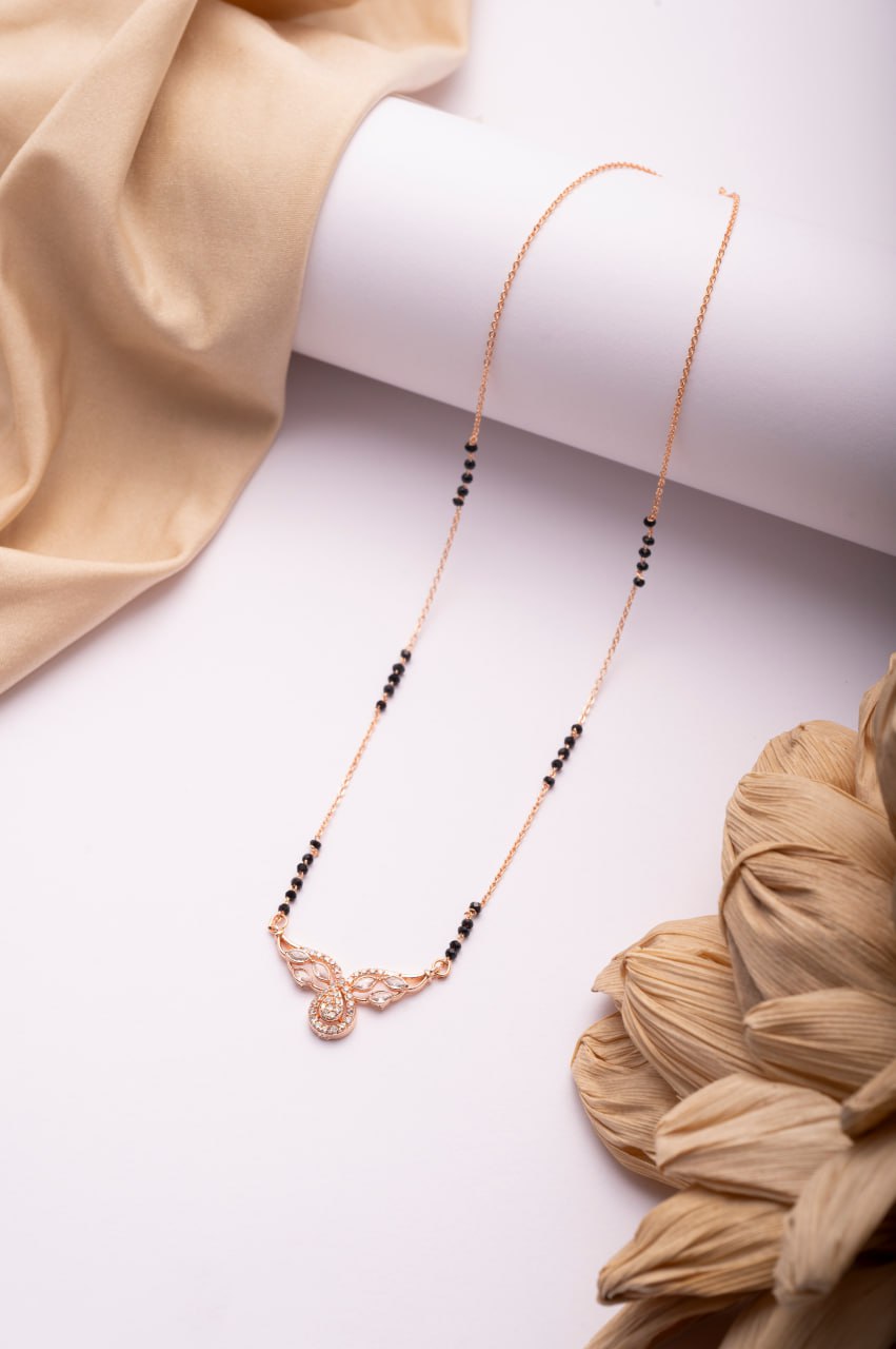 Rose Gold Finish CZ Swirl Motif Mangalsutra | Elegant Black Bead Daily Wear Necklace