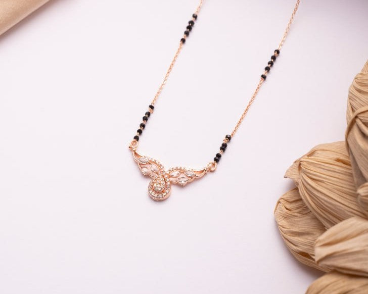 Rose Gold Finish CZ Swirl Motif Mangalsutra | Elegant Black Bead Daily Wear Necklace
