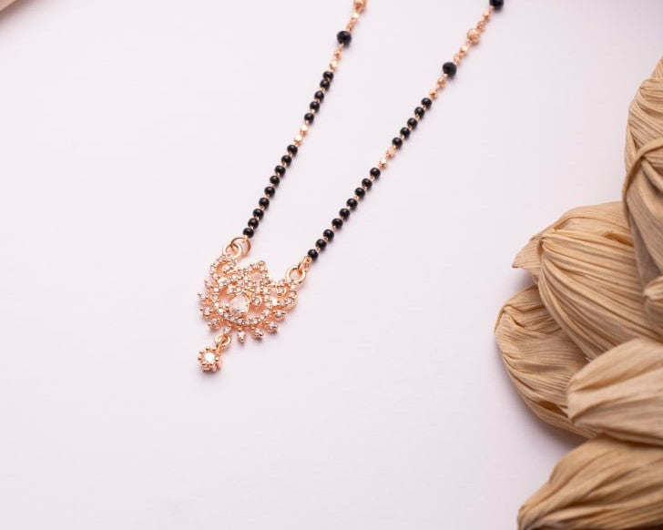 Rose Gold Finish Floral CZ Mangalsutra | Classic Black Bead Traditional Necklace