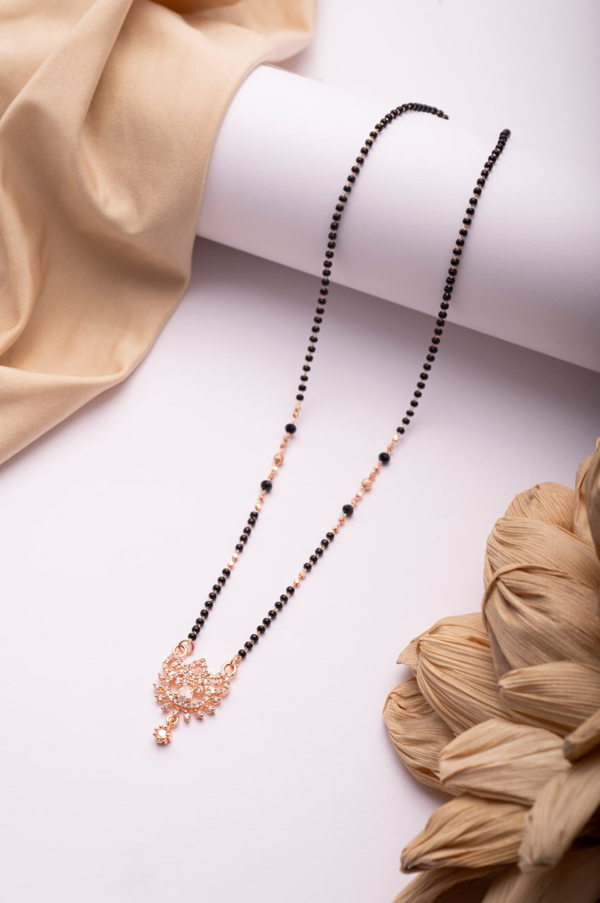 Rose Gold Finish Floral CZ Mangalsutra | Classic Black Bead Traditional Necklace
