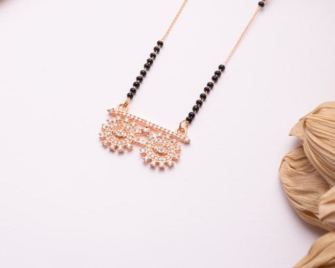 Rose Gold Finish CZ Dual Motif Mangalsutra | Elegant Black Bead Daily Wear Necklace