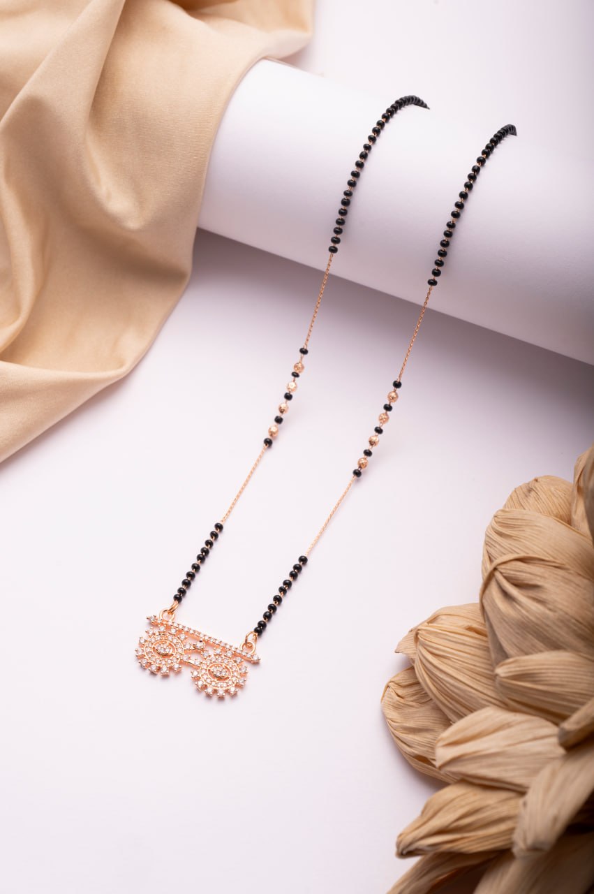 Rose Gold Finish CZ Dual Motif Mangalsutra | Elegant Black Bead Daily Wear Necklace