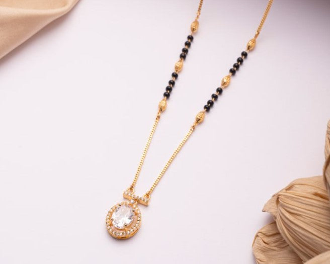 Gold Finish Teardrop CZ Mangalsutra | Elegant Black Bead Daily Wear Necklace