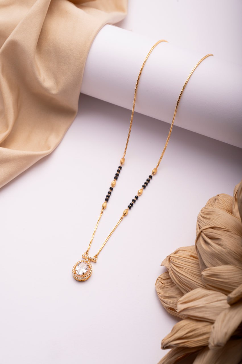 Gold Finish Teardrop CZ Mangalsutra | Elegant Black Bead Daily Wear Necklace