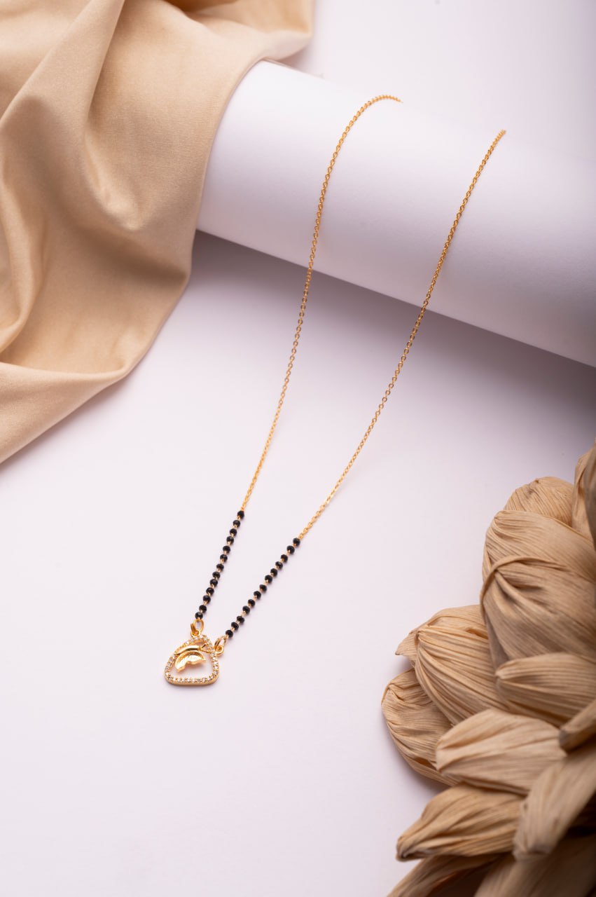 Gold Finish Heart Motif Mangalsutra | Minimal Black Bead Daily Wear Necklace
