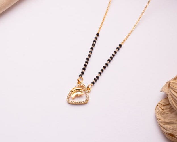 Gold Finish Heart Motif Mangalsutra | Minimal Black Bead Daily Wear Necklace