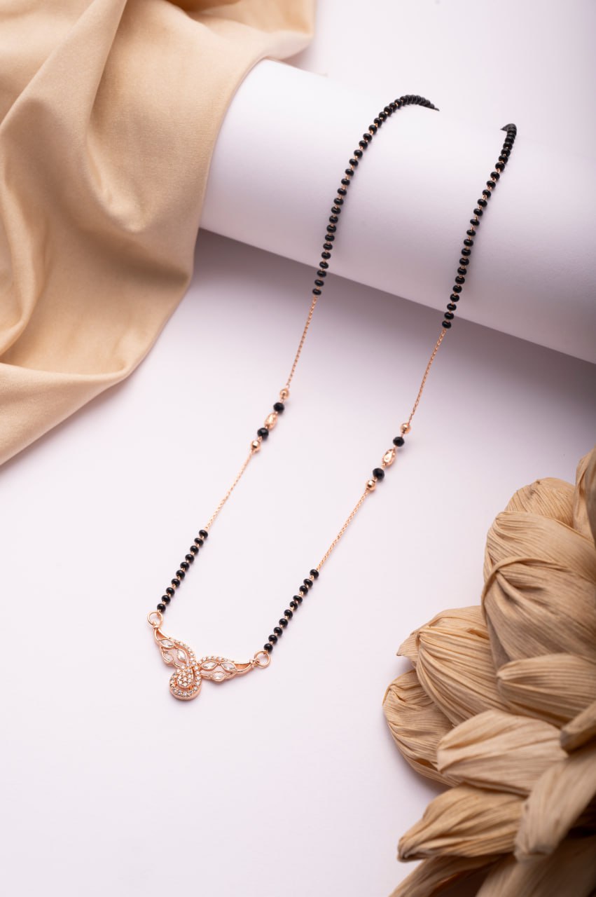 Rose Gold Finish CZ Paisley Mangalsutra | Elegant Black Bead Daily Wear Necklace