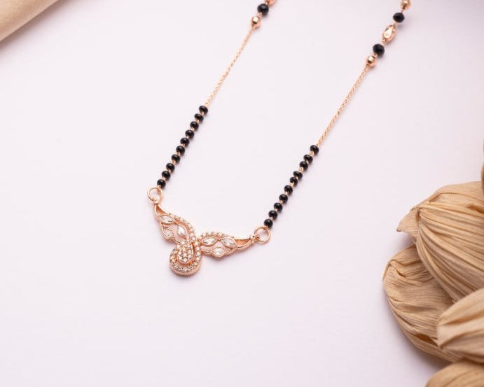 Rose Gold Finish CZ Paisley Mangalsutra | Elegant Black Bead Daily Wear Necklace