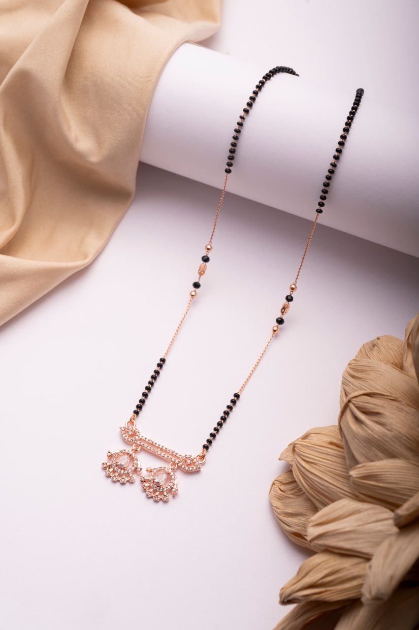 Rose Gold Finish CZ Peacock Motif Mangalsutra | Elegant Black Bead Daily Wear Necklace