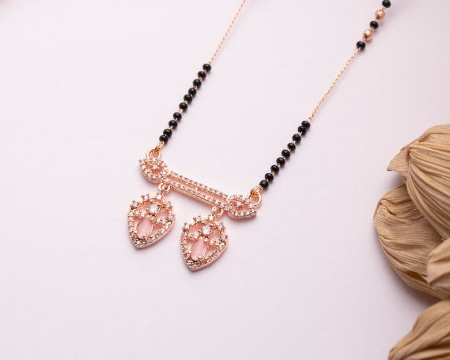 Rose Gold Finish CZ Twin Drop Mangalsutra | Elegant Black Bead Daily Wear Necklace